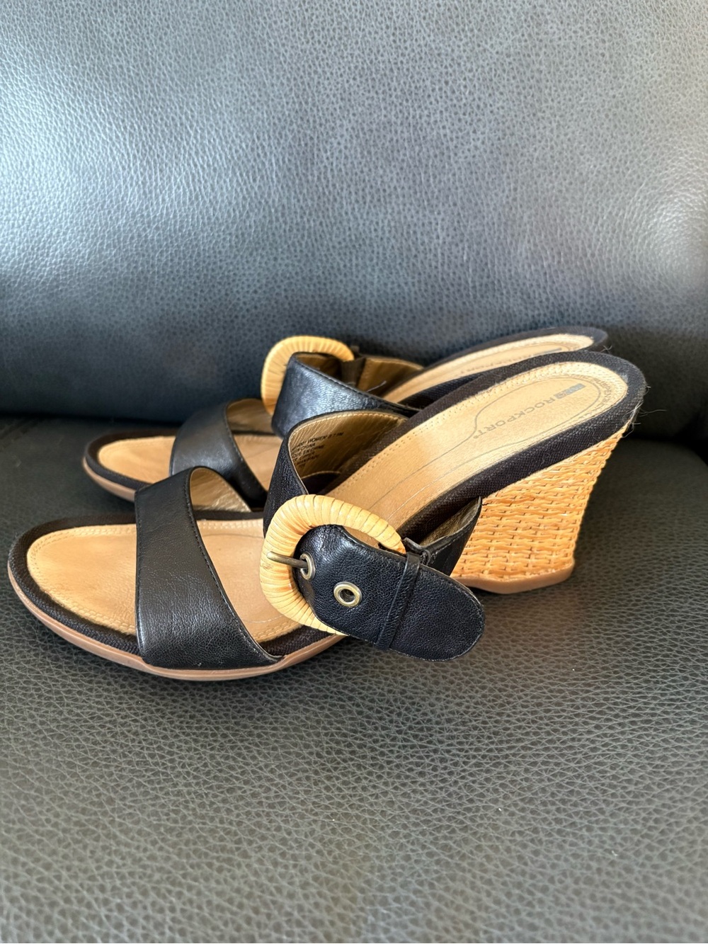 Black Wedge Sandals with Natural Accent - Womens